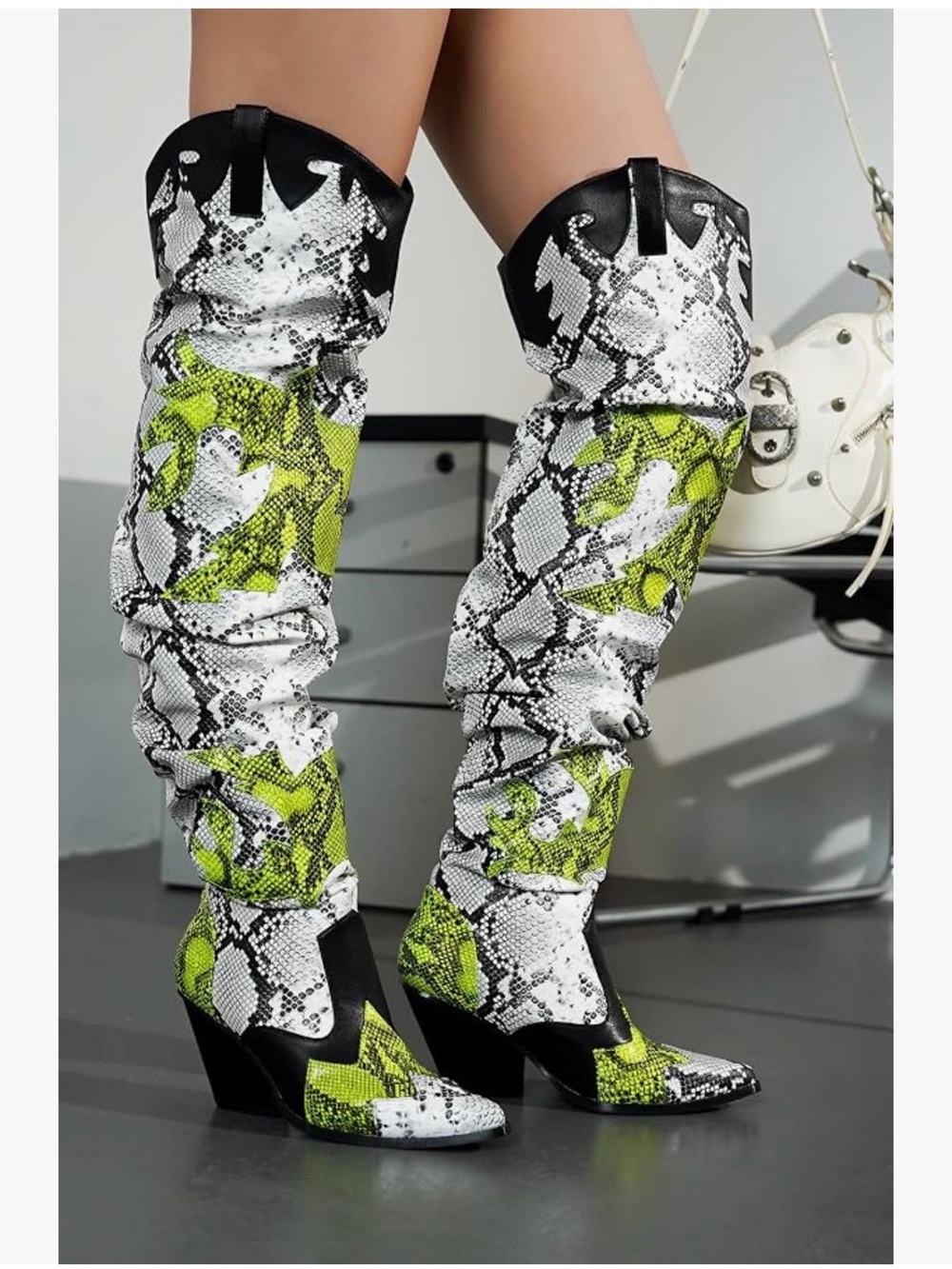 Snake-Print Over-the-Knee Boots in White, Black & Lime - Women’s Fashion Boots